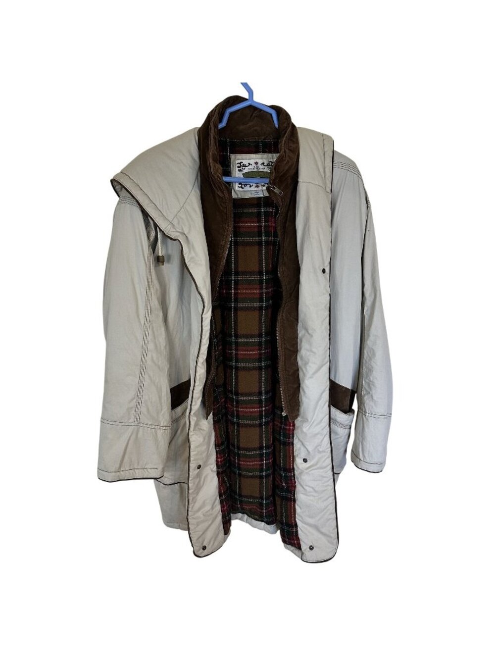 Vtg Womens Ranch Coat Cotton Large Tan Plaid Lining Otello Pelle Pockets Zip Up